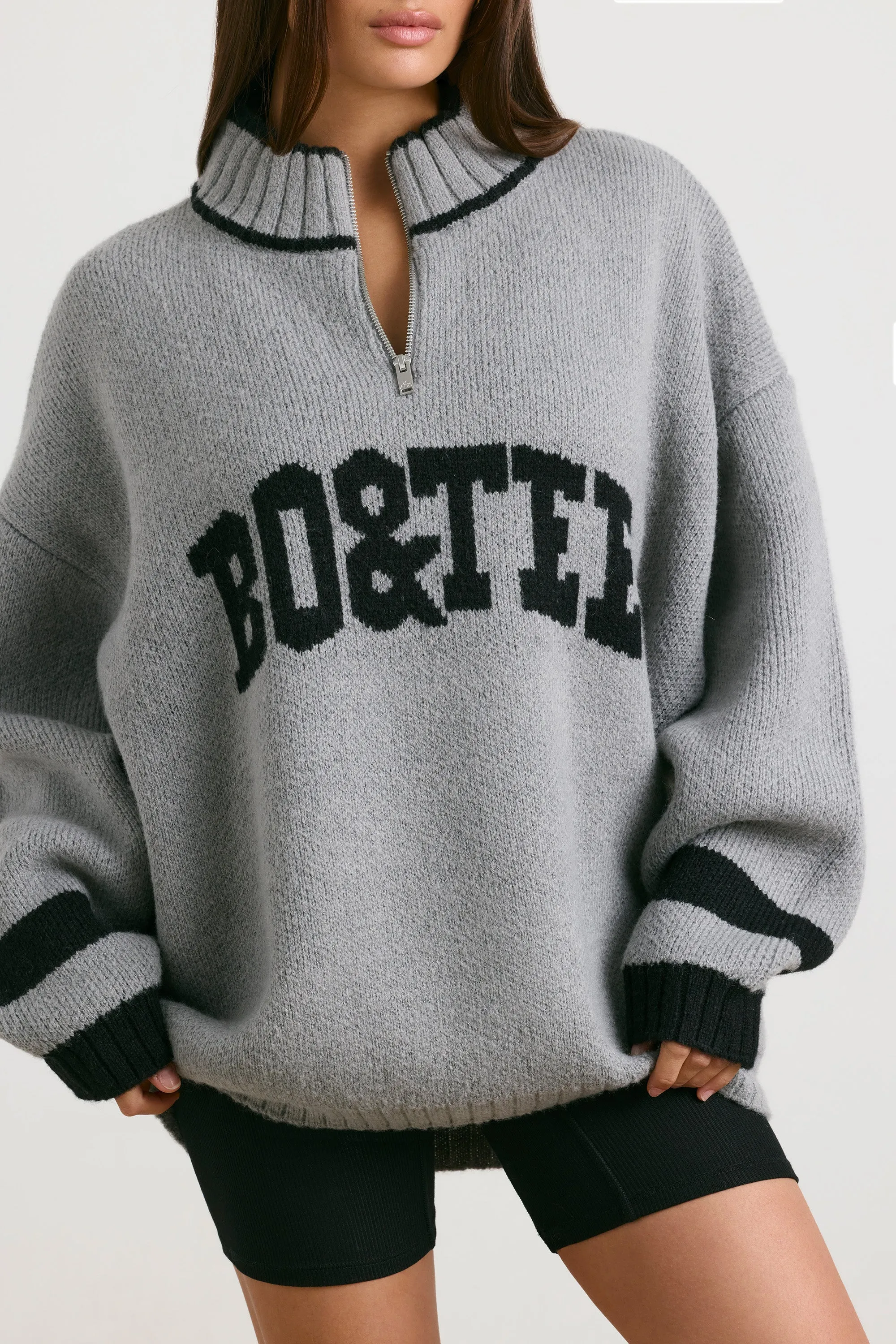 Oversized Quarter-Zip Chunky-Knit Jumper in Heather Grey sold by Oh Polly product image thumbnail 4