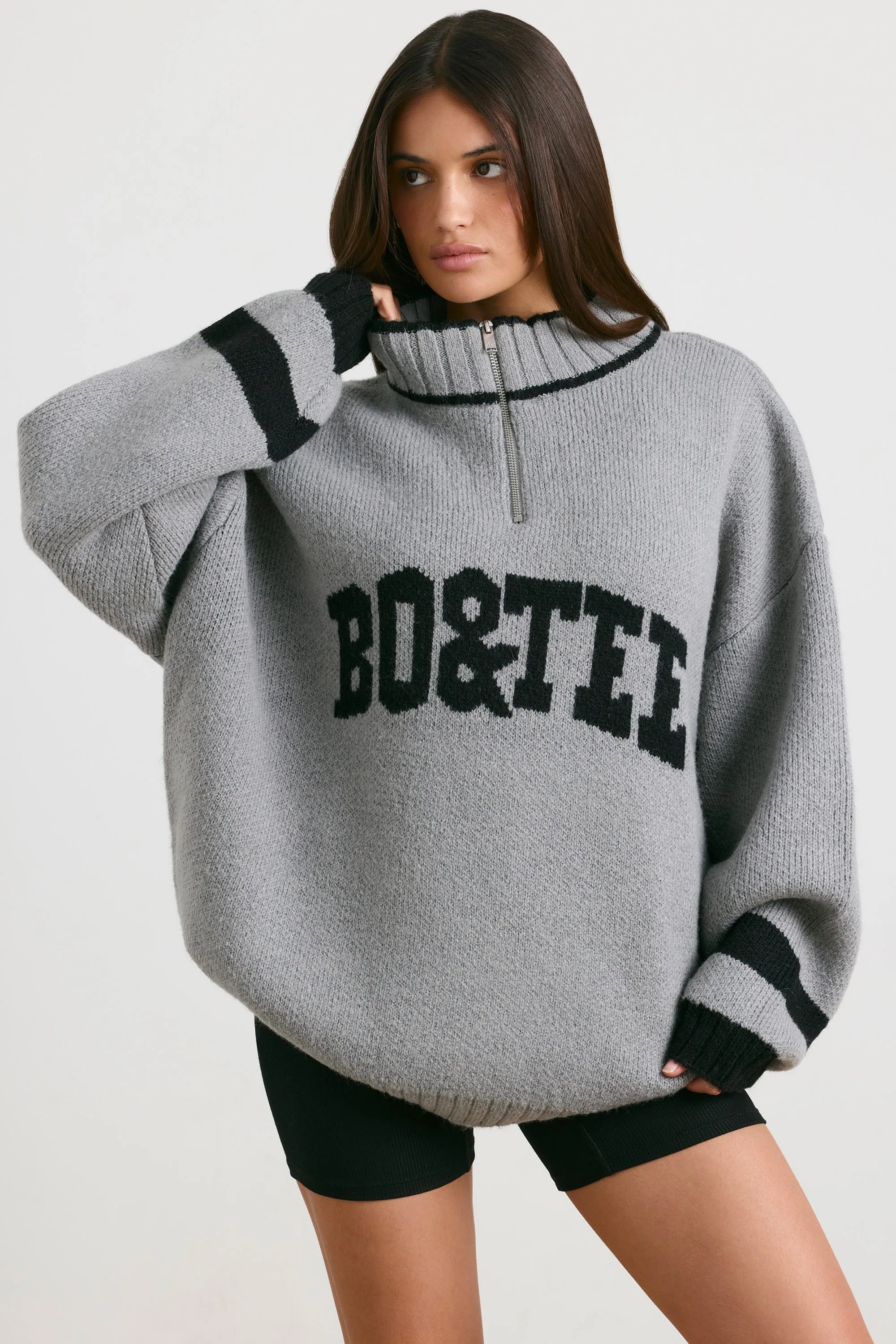 Oversized Quarter-Zip Chunky-Knit Jumper in Heather Grey sold by Oh Polly