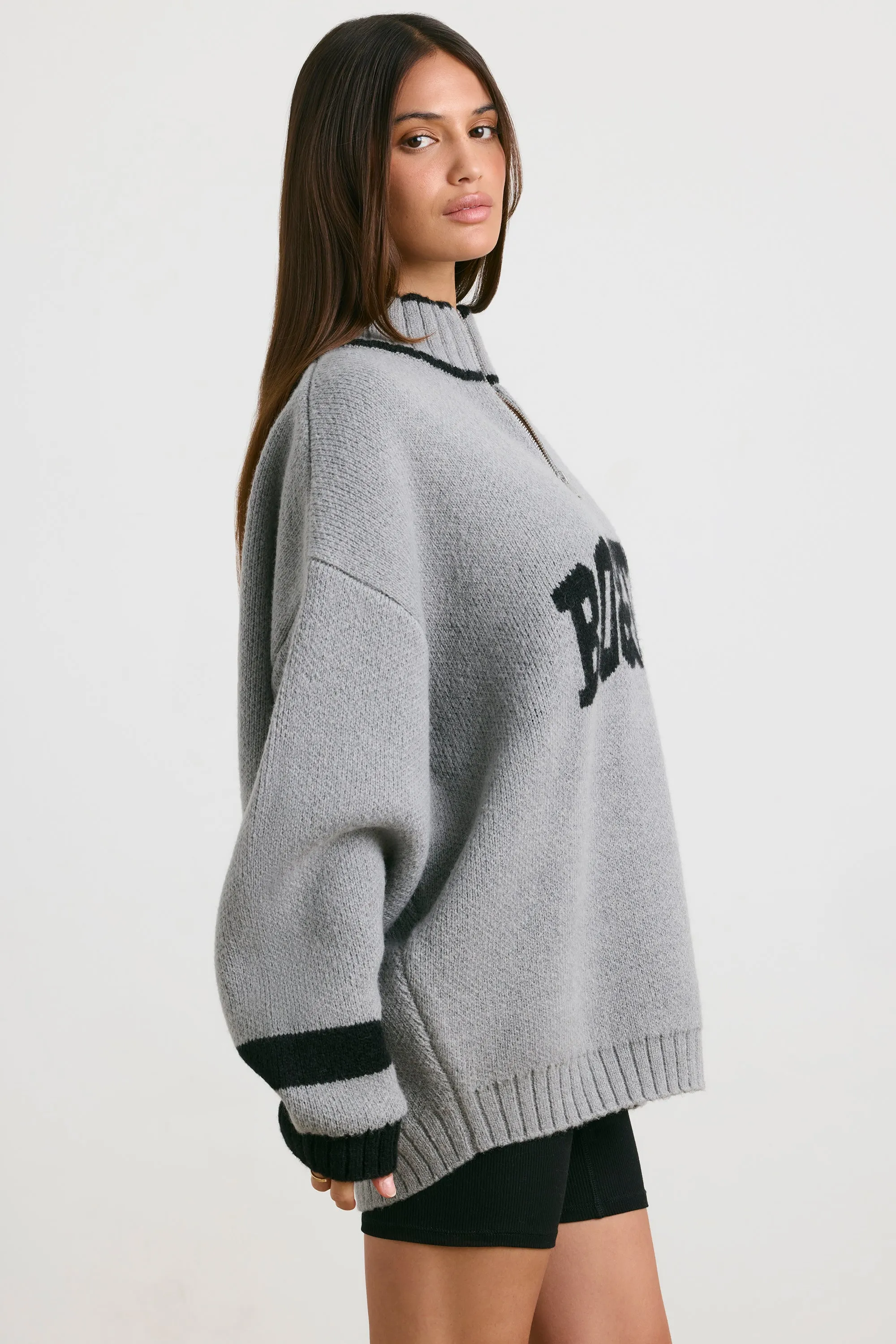 Oversized Quarter-Zip Chunky-Knit Jumper in Heather Grey sold by Oh Polly product image thumbnail 3