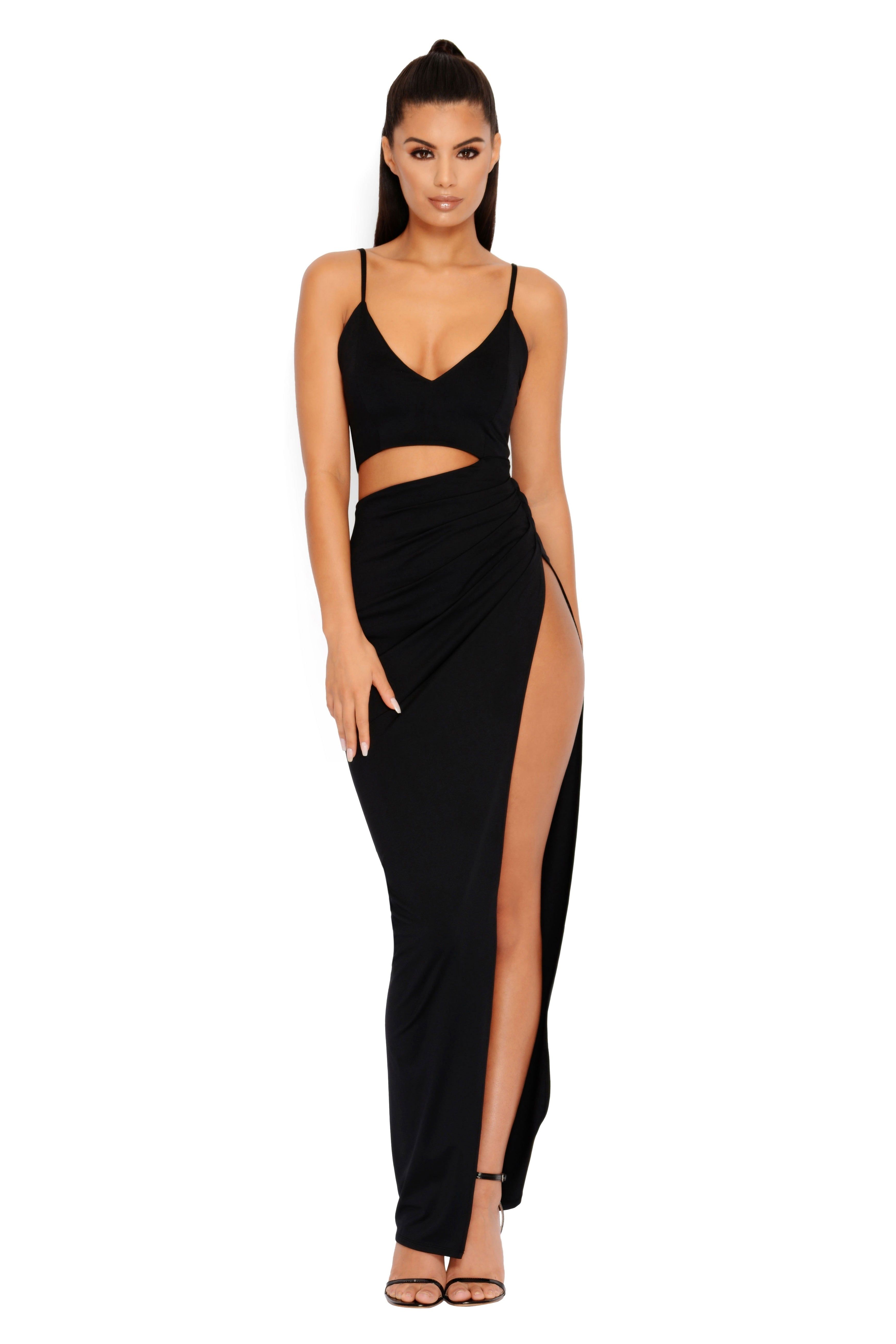 Opening Night Cut Out Thigh Split Maxi Dress in Black sold by Oh Polly