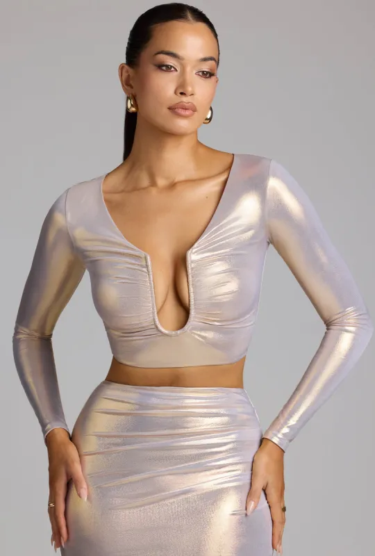 Plunge Neck Metallic Jersey Crop Top in Light Gold sold by Oh Polly