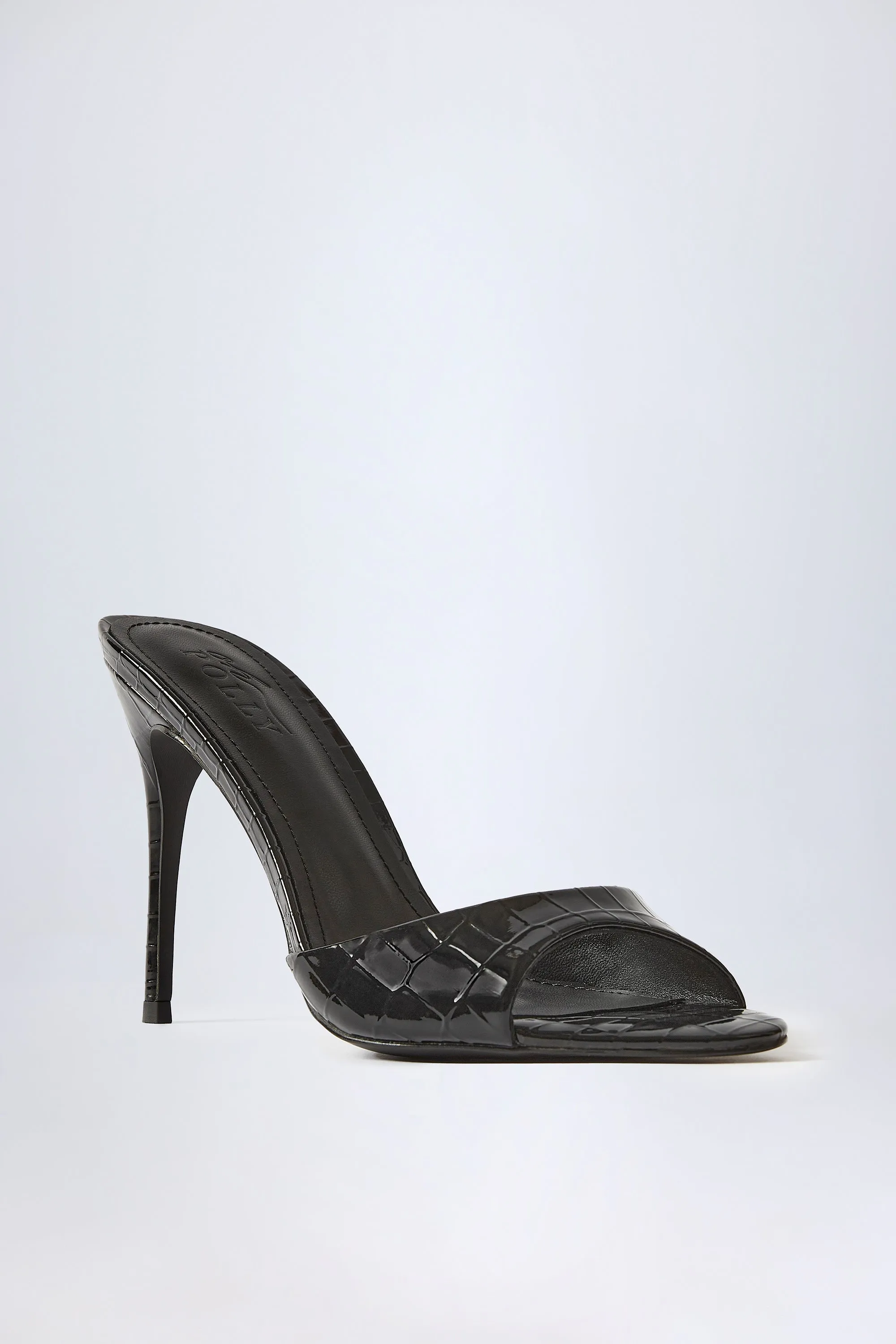 Almond-Toe Heeled Mules in Croc Patent Black sold by Oh Polly product image thumbnail 4