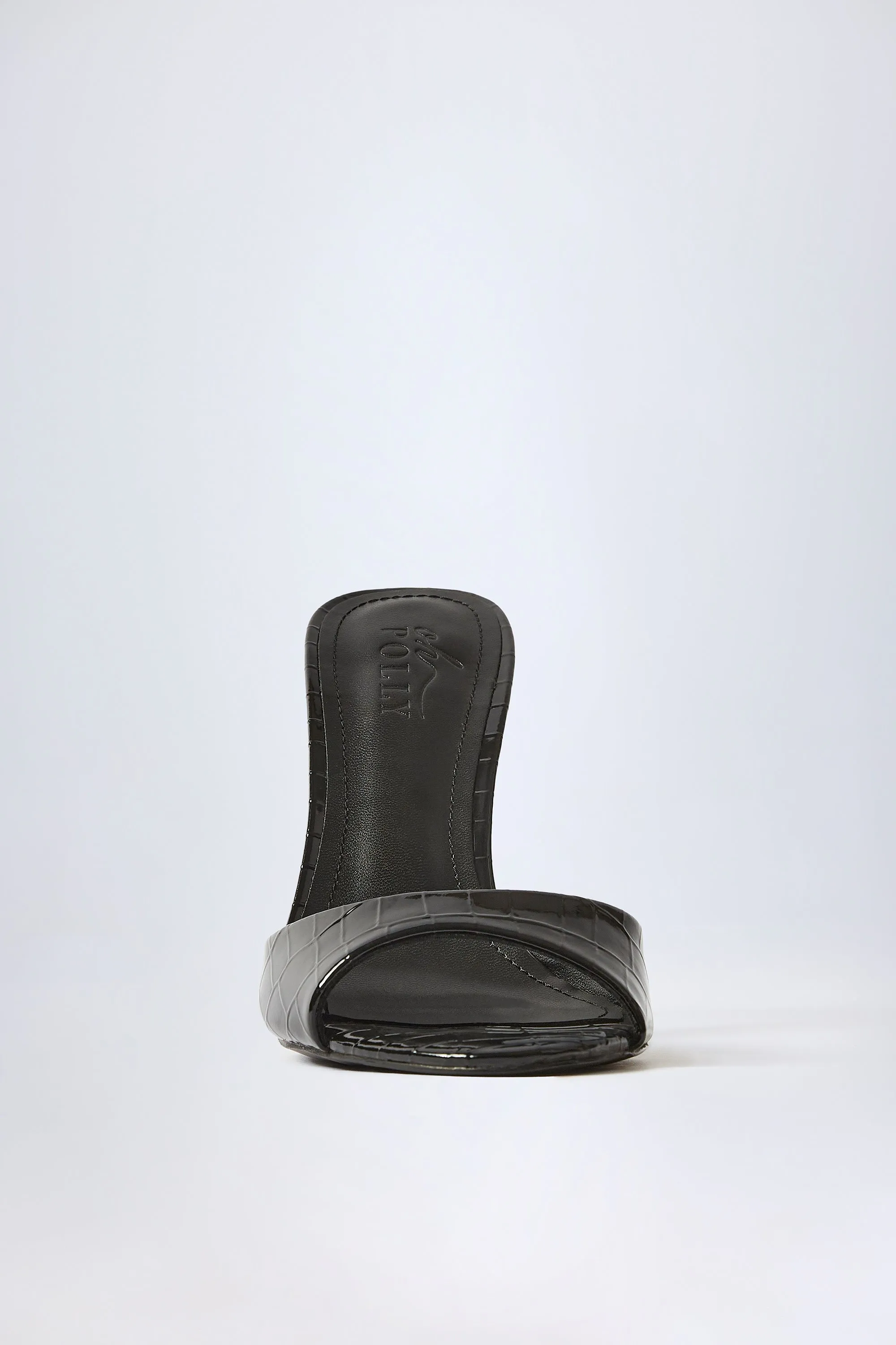 Almond-Toe Heeled Mules in Croc Patent Black sold by Oh Polly product image thumbnail 3