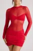 Sheer Panelled Long Sleeve Mini Dress in Fire Red sold by Oh Polly