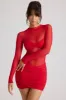 Sheer Panelled Long Sleeve Mini Dress in Fire Red sold by Oh Polly