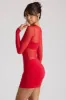 Sheer Panelled Long Sleeve Mini Dress in Fire Red sold by Oh Polly