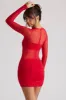 Sheer Panelled Long Sleeve Mini Dress in Fire Red sold by Oh Polly
