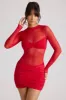 Sheer Panelled Long Sleeve Mini Dress in Fire Red sold by Oh Polly