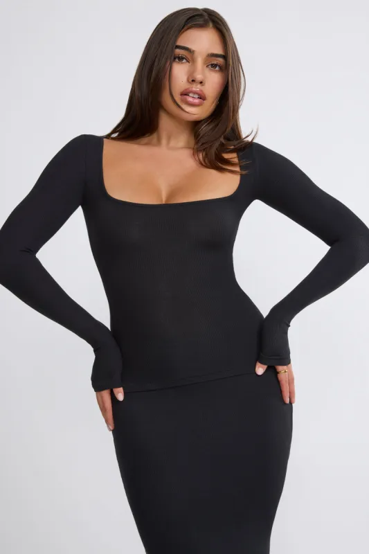 Ribbed Modal Square Neck Long Sleeve Top in Black sold by Oh Polly