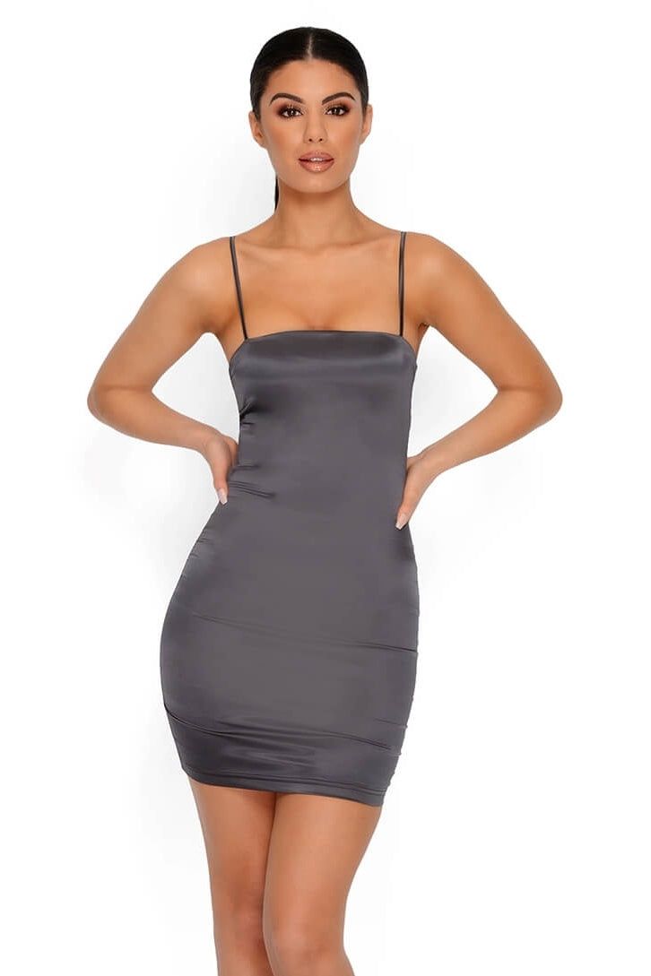 Taut & Bothered Satin Strappy Mini Dress in Charcoal Grey sold by Oh Polly product image thumbnail 14