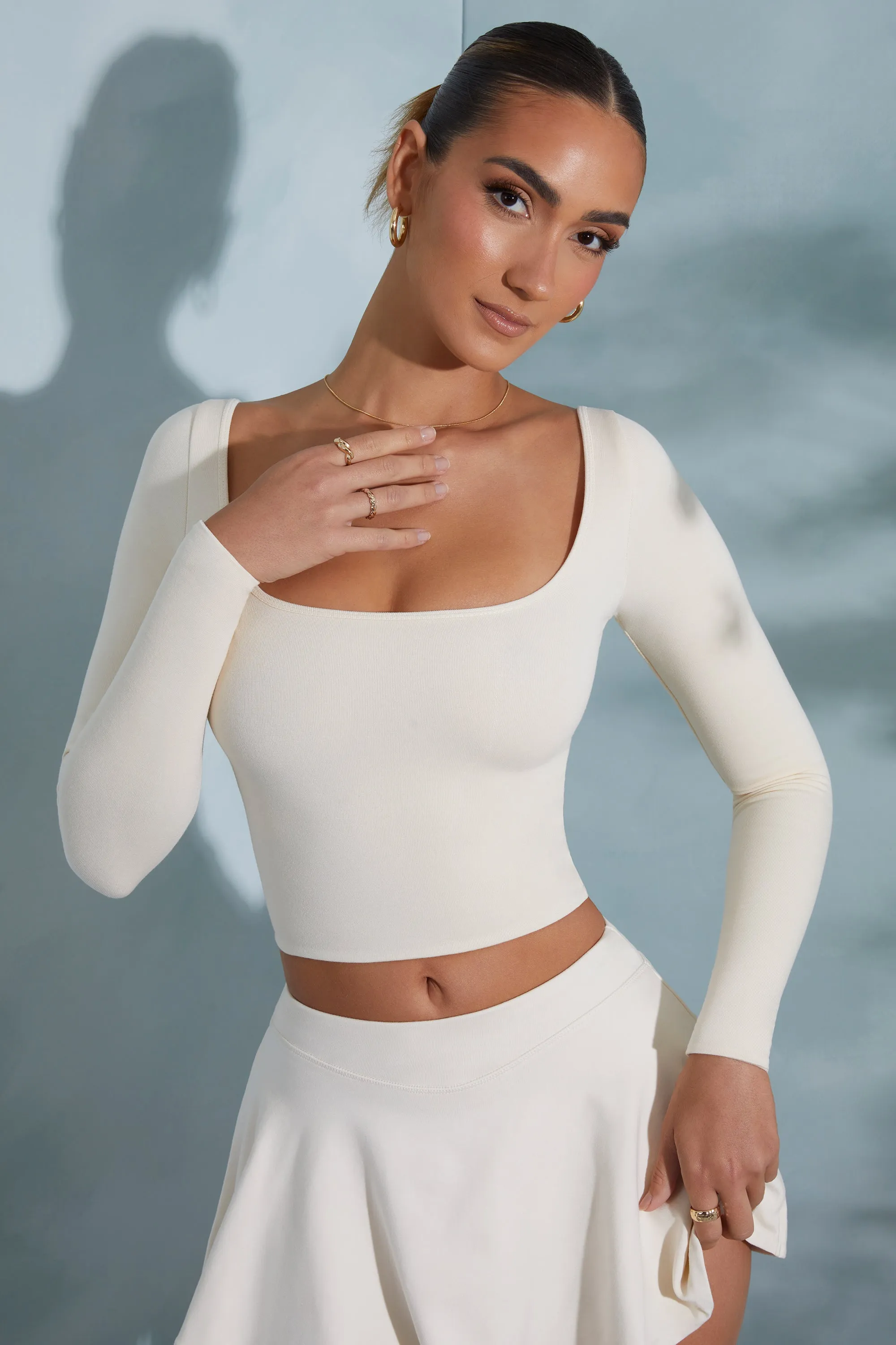 Rounded Square Neck Long Sleeve Top in Ivory sold by Oh Polly