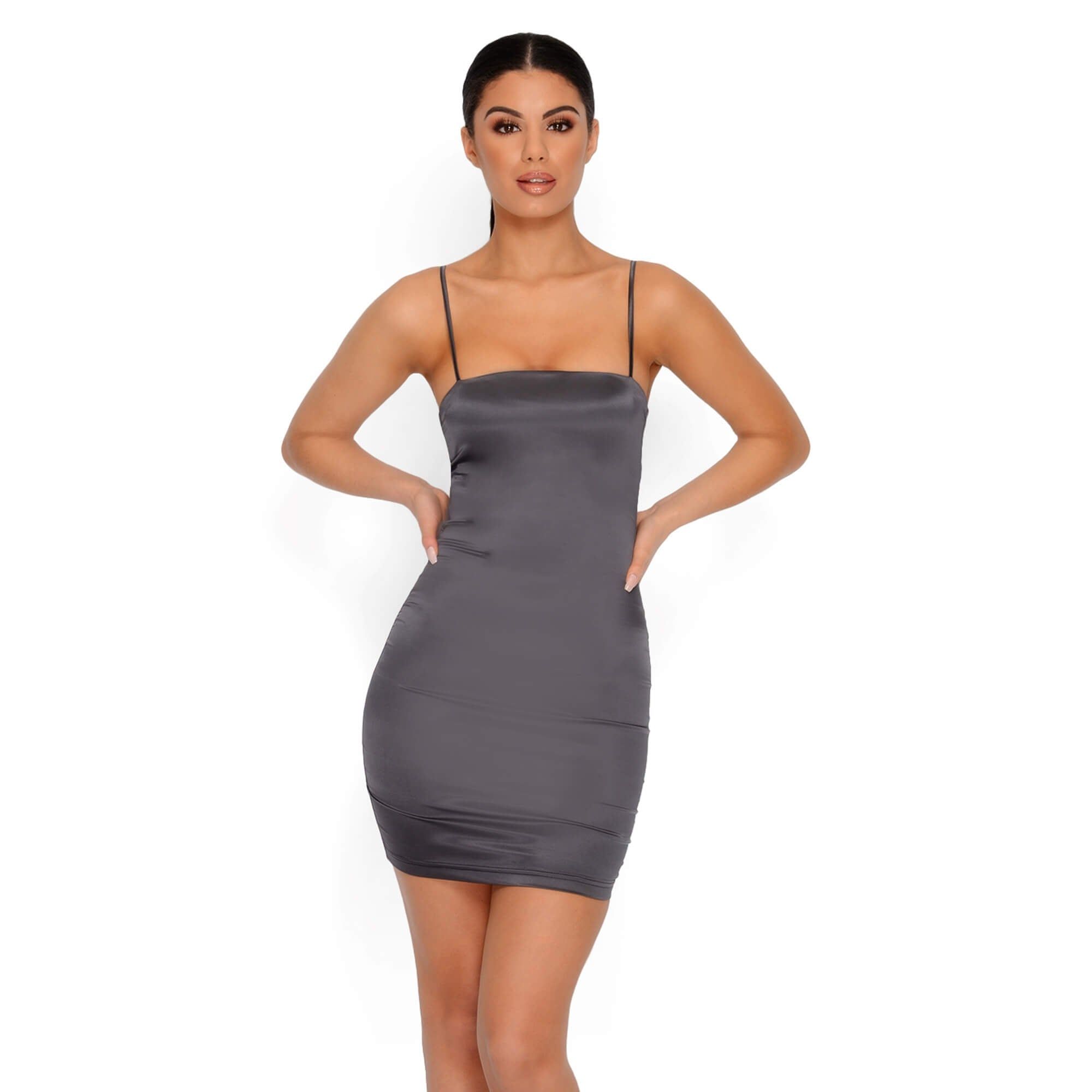Taut & Bothered Satin Strappy Mini Dress in Charcoal Grey sold by Oh Polly product image thumbnail 15