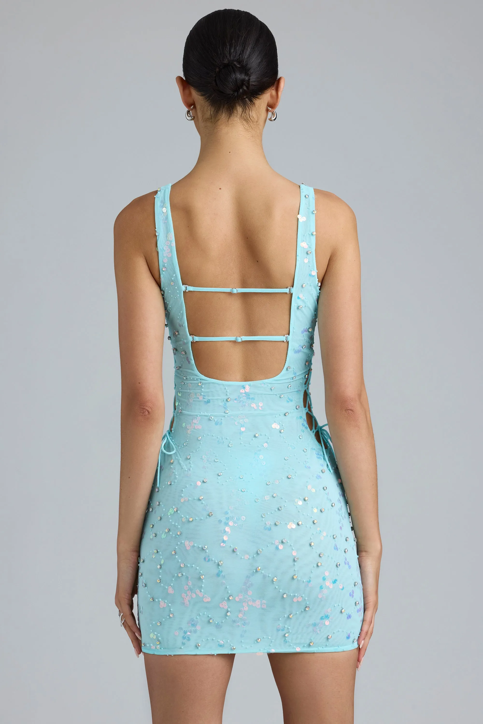 Embellished Lace-Up Mini Dress in Ice Blue sold by Oh Polly product image thumbnail 2