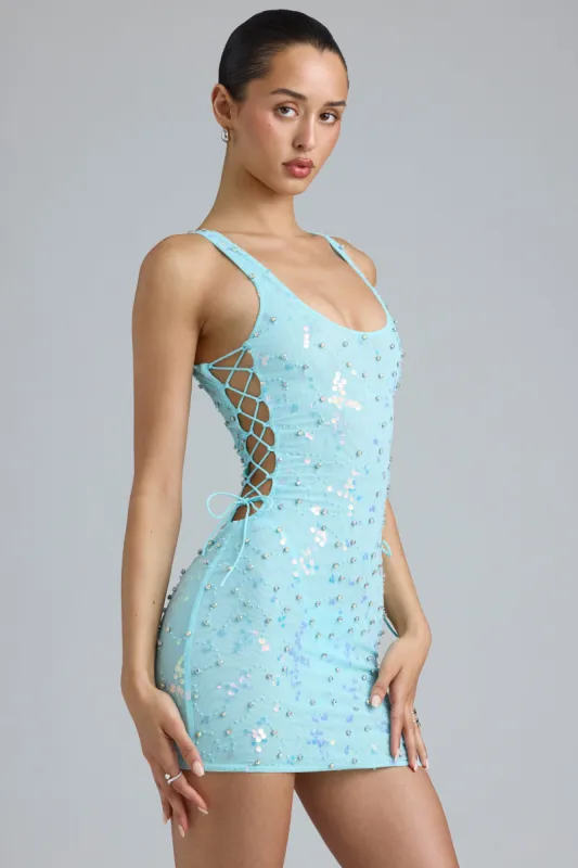 Embellished Lace-Up Mini Dress in Ice Blue sold by Oh Polly