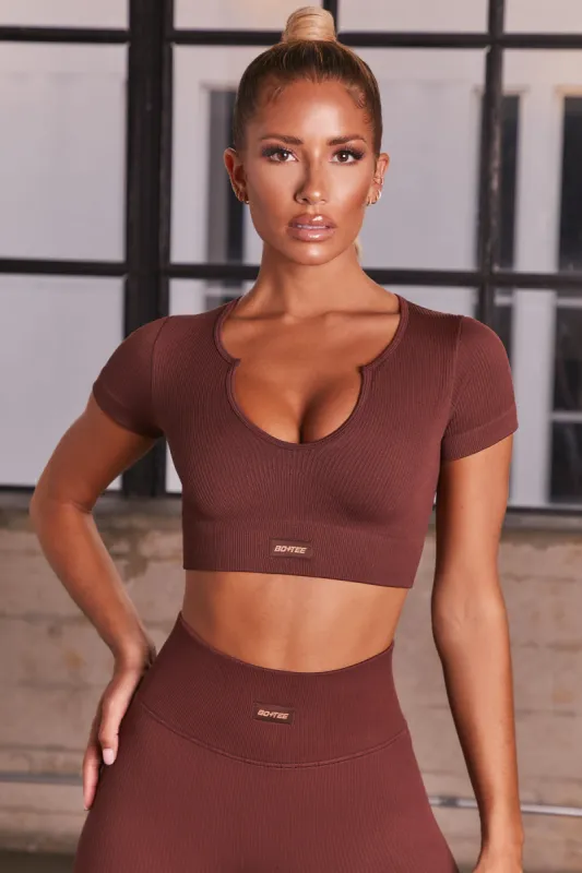 In Charge Ribbed Short Sleeve Crop Top in Dark Brown sold by Oh Polly