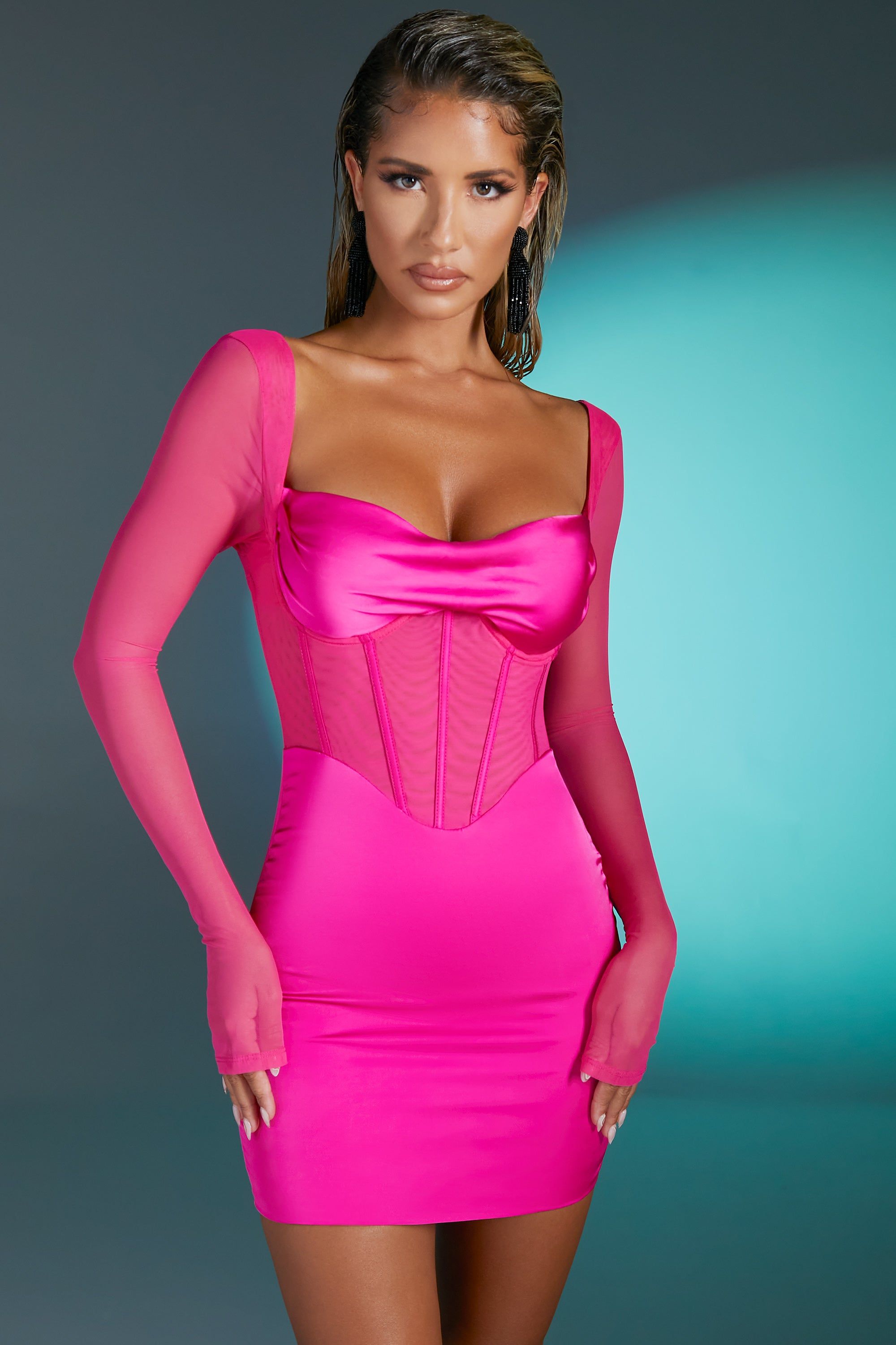 Long Sleeve Mesh Mini Dress in Pink sold by Oh Polly product image thumbnail 8