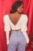 Plunge Neck Puff Sleeve Crop Top in Oyster White sold by Oh Polly
