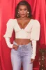 Plunge Neck Puff Sleeve Crop Top in Oyster White sold by Oh Polly