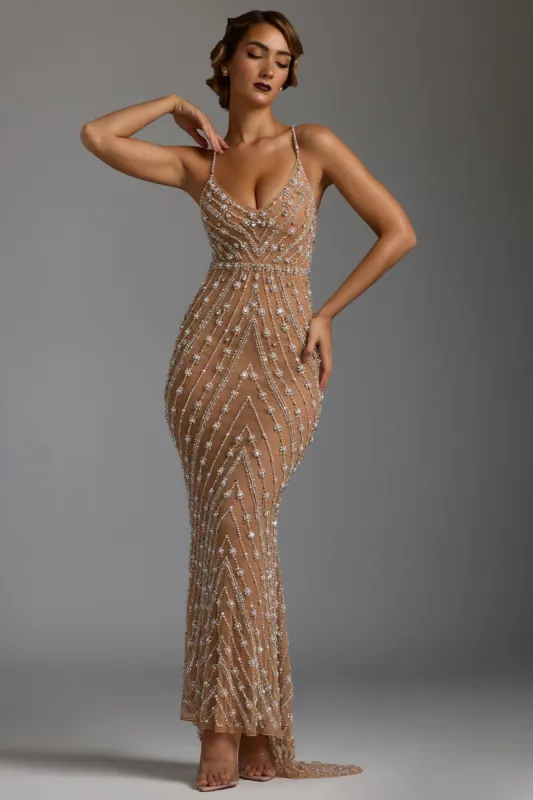 Hand Embellished Sheer Evening Gown in Almond sold by Oh Polly
