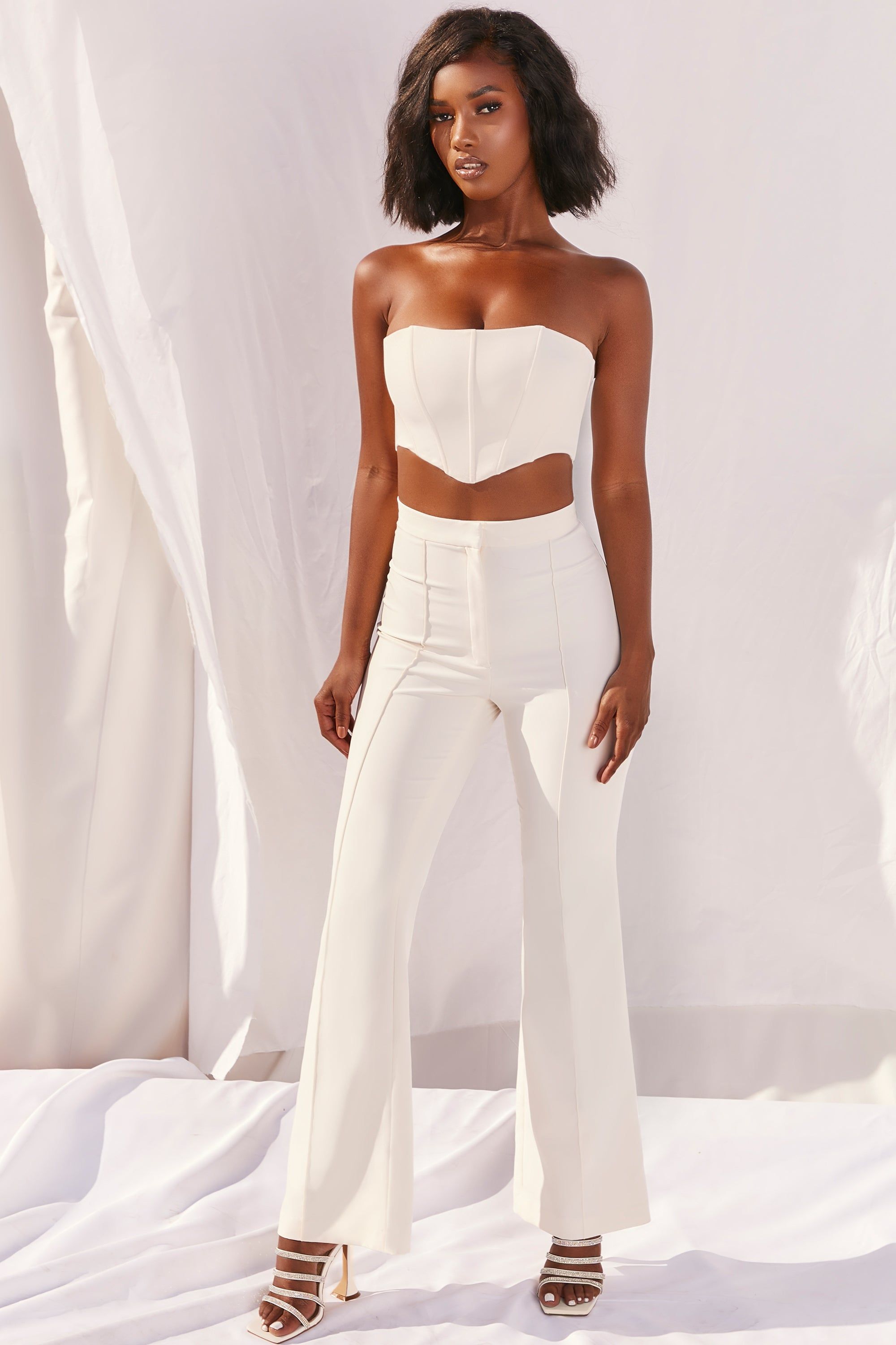 Bossin’ Up Petite High Waisted Tailored Flare Leg Trousers in Ivory sold by Oh Polly product image thumbnail 3