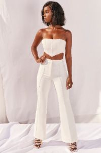 Bossin’ Up Petite High Waisted Tailored Flare Leg Trousers in Ivory sold by Oh Polly