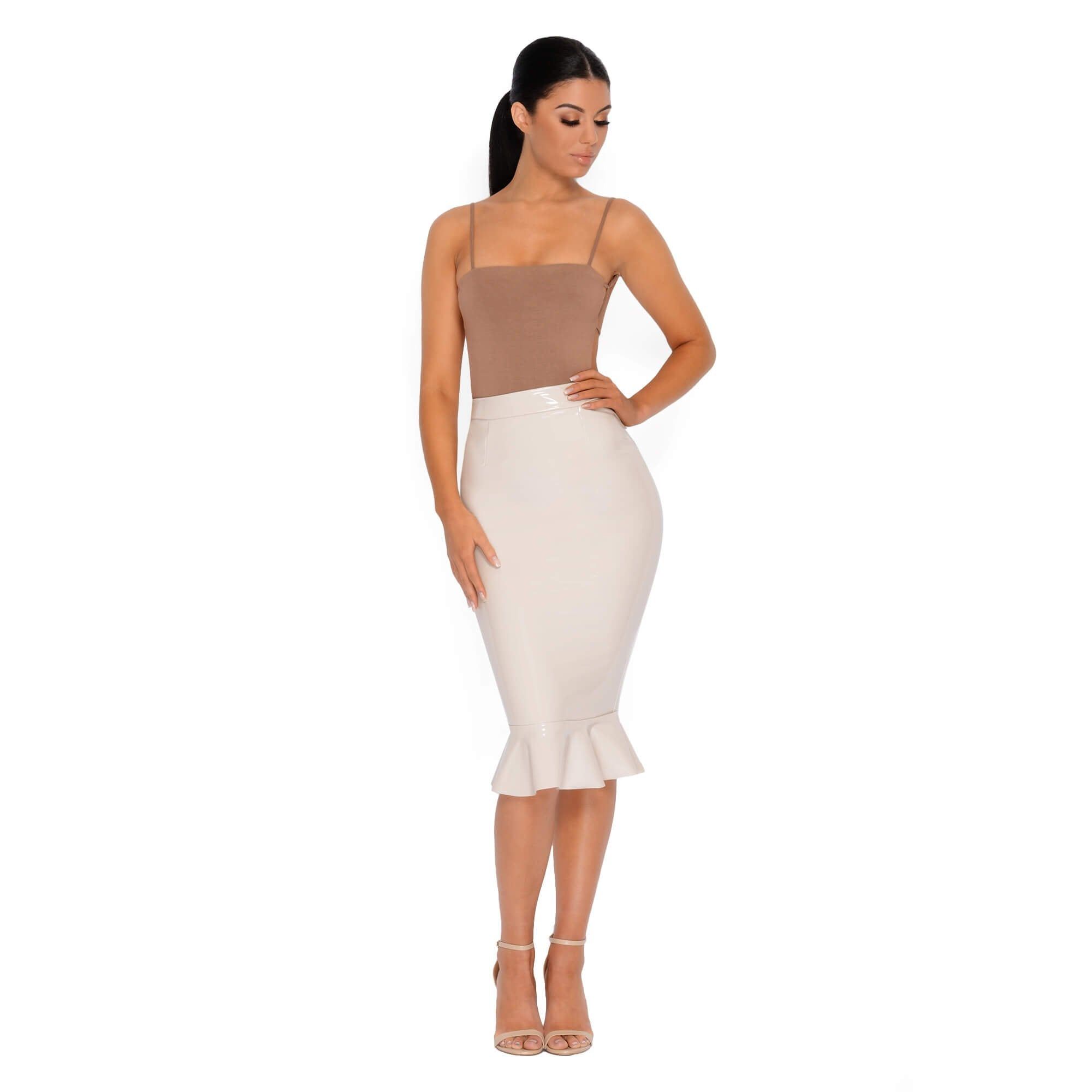 Frilled to Pieces Vinyl Midi Skirt in Cream sold by Oh Polly