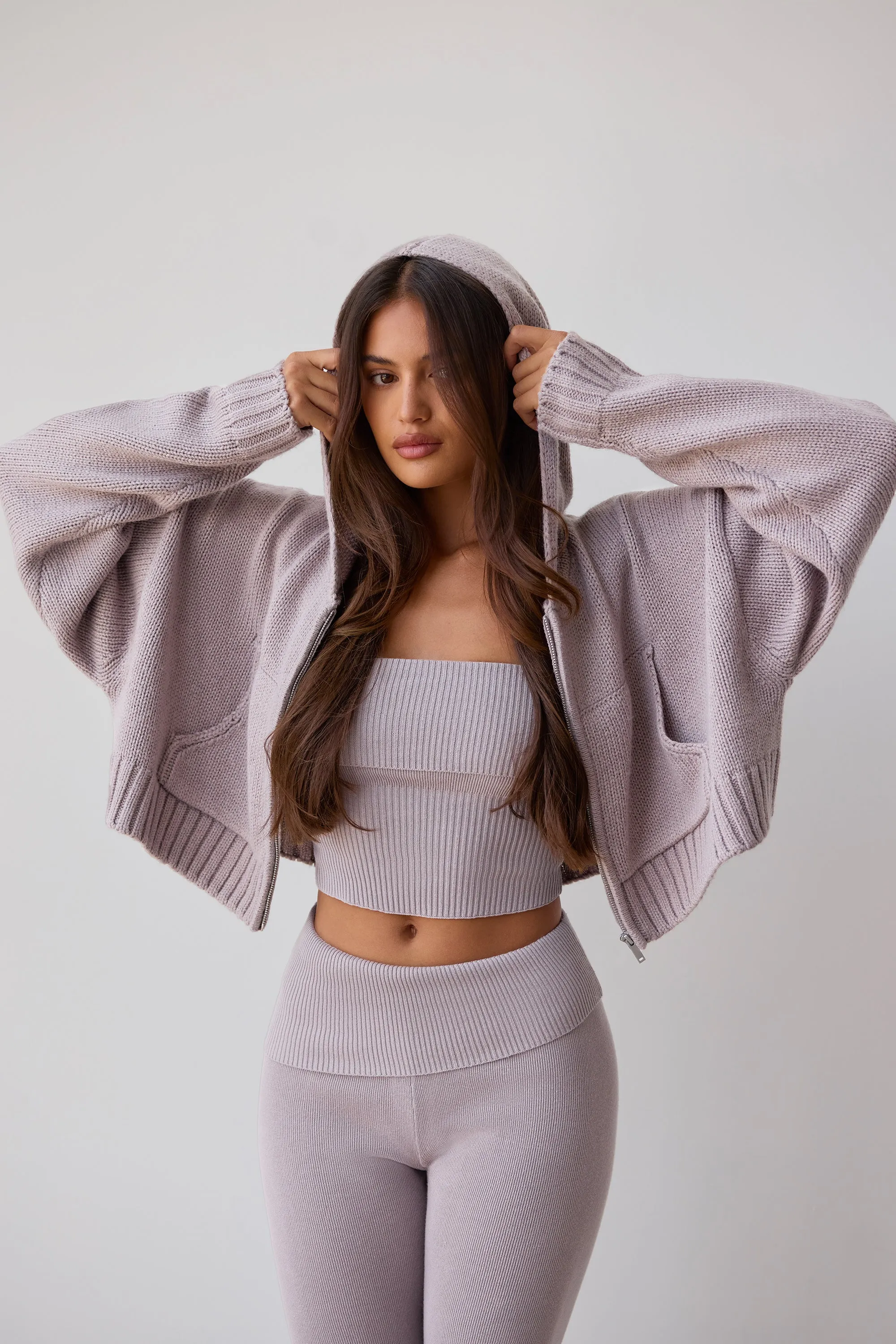 Chunky Knit Zip-Up Cropped Hoodie in Dusty Lavender sold by Oh Polly