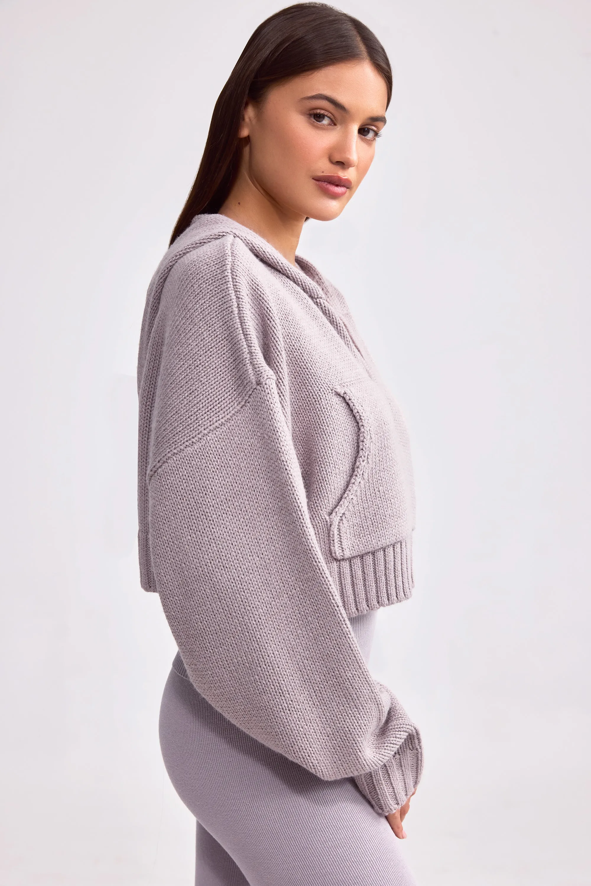 Chunky Knit Zip-Up Cropped Hoodie in Dusty Lavender sold by Oh Polly product image thumbnail 3