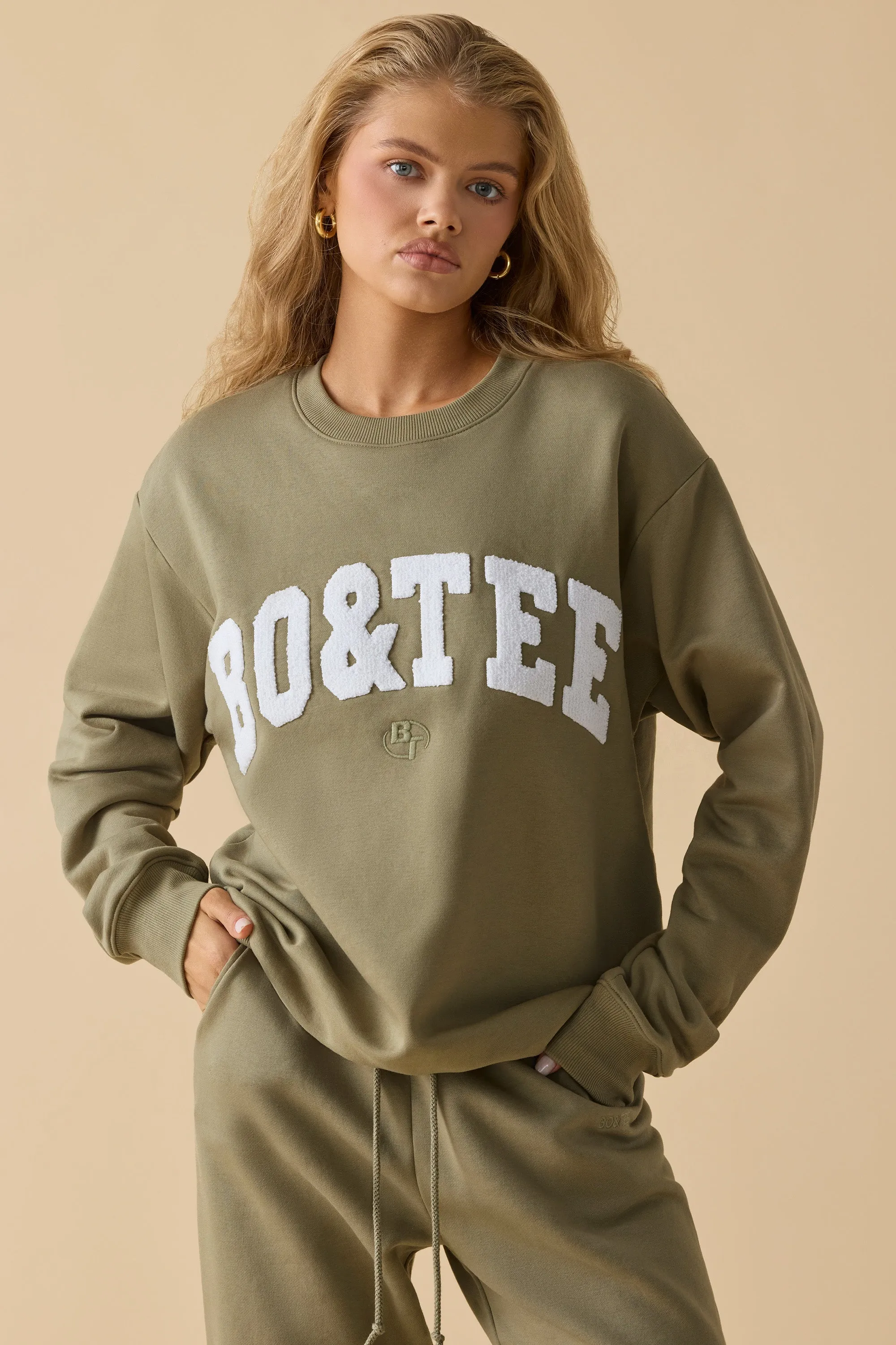 Oversized Crew Neck Sweatshirt in Soft Olive sold by Oh Polly
