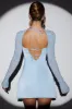 Long Sleeve Embellished A-line Mini Dress in Blue sold by Oh Polly