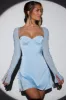 Long Sleeve Embellished A-line Mini Dress in Blue sold by Oh Polly