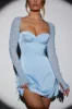 Long Sleeve Embellished A-line Mini Dress in Blue sold by Oh Polly