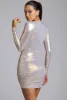 Long Sleeve Metallic Jersey Mini Dress in Light Gold sold by Oh Polly