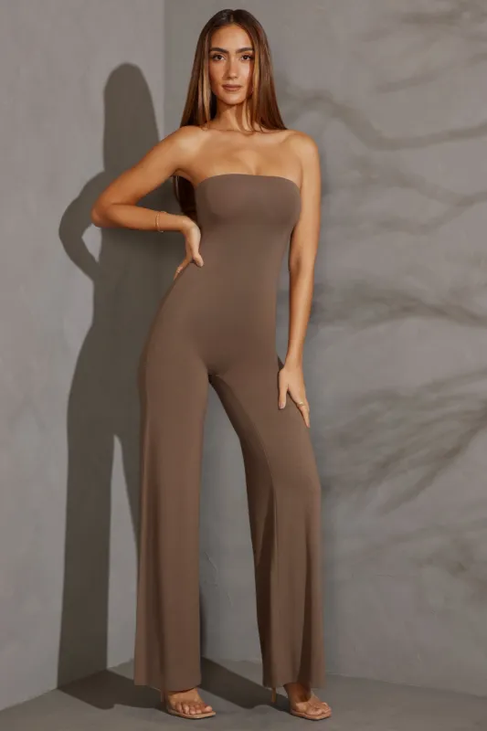 Petite Bandeau Wide Leg Jumpsuit in Taupe sold by Oh Polly