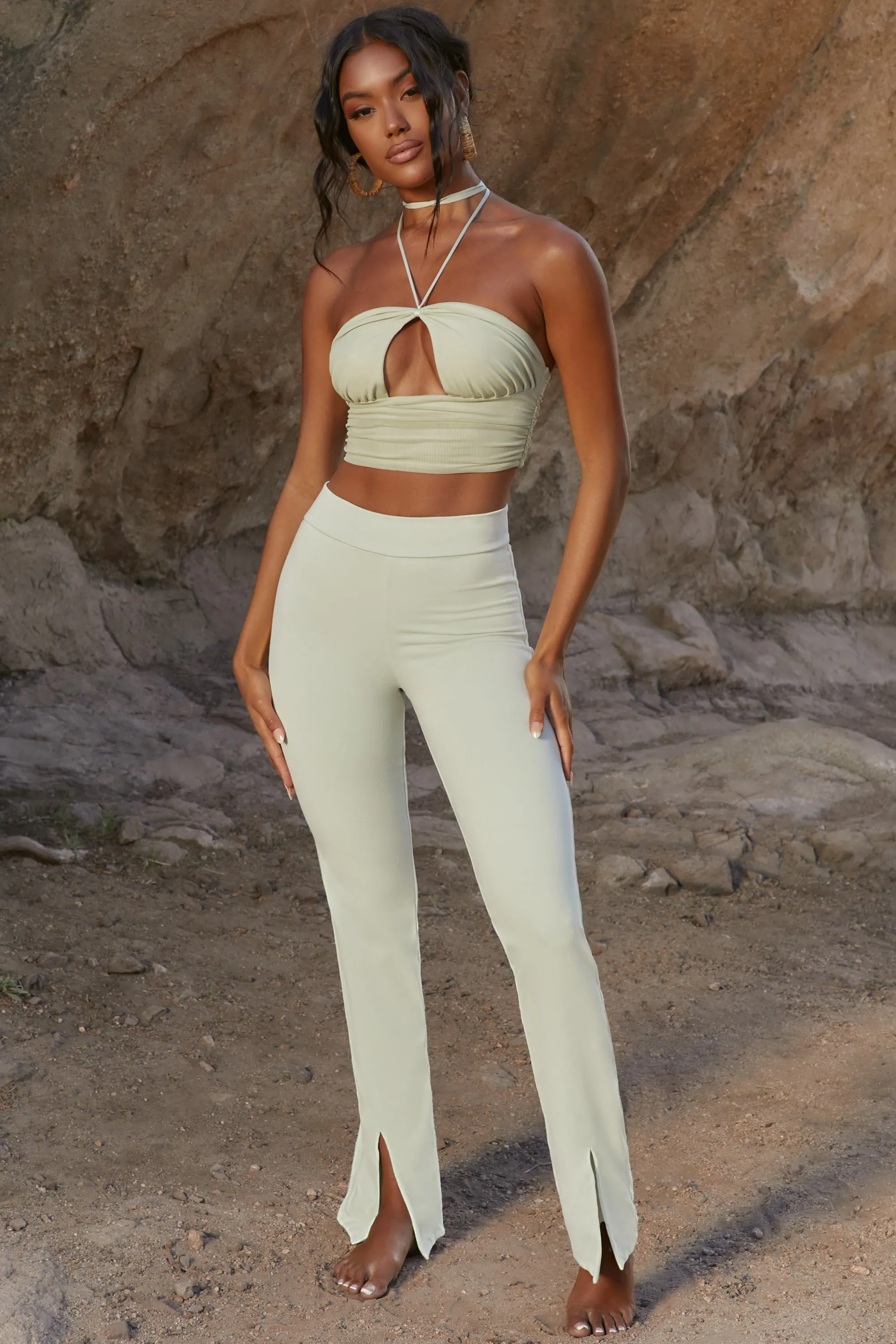 Tall High Waisted Split Hem Trousers in Green sold by Oh Polly product image thumbnail 5
