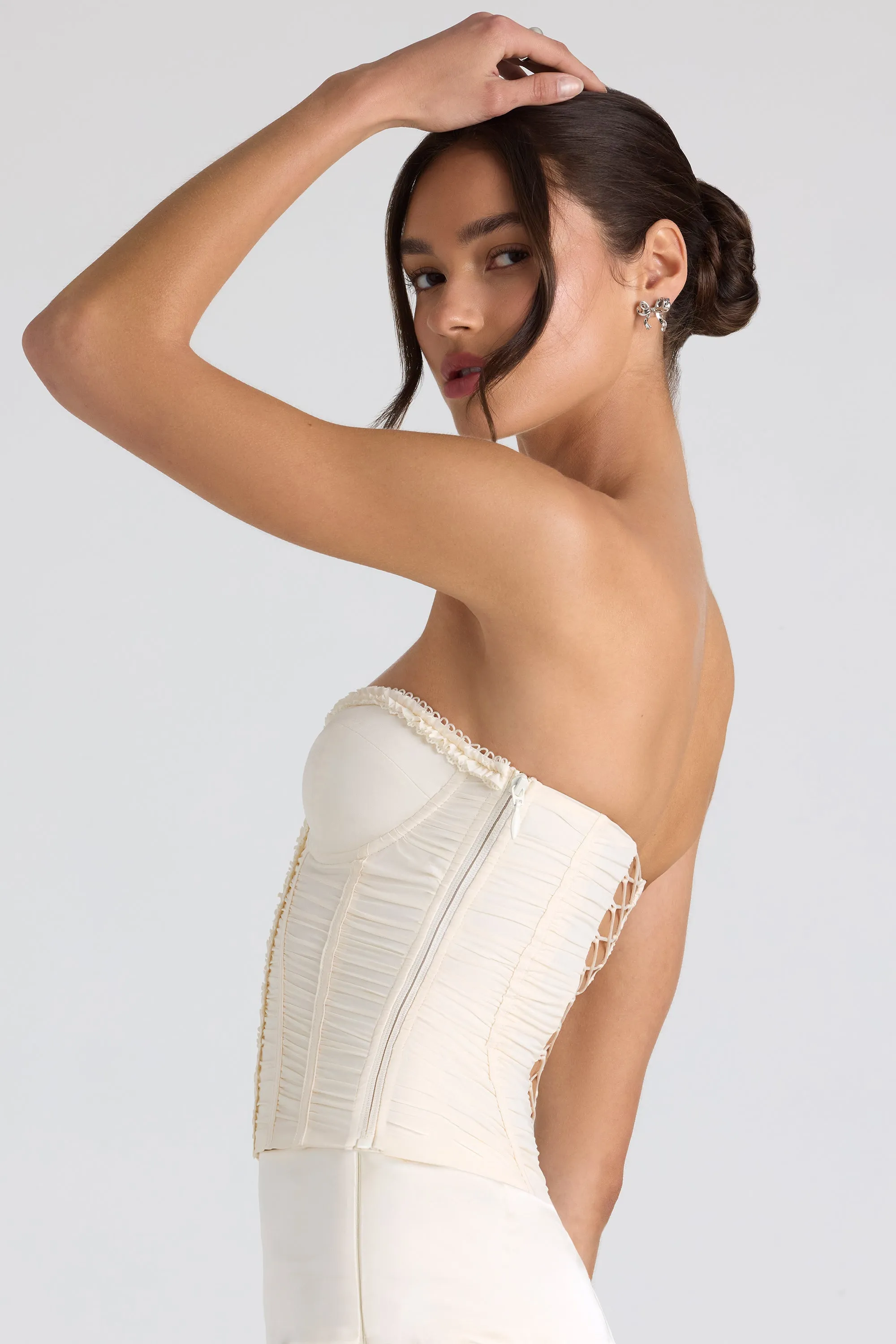 Ruched Lace-Up Strapless Corset Top in Ivory sold by Oh Polly product image thumbnail 3