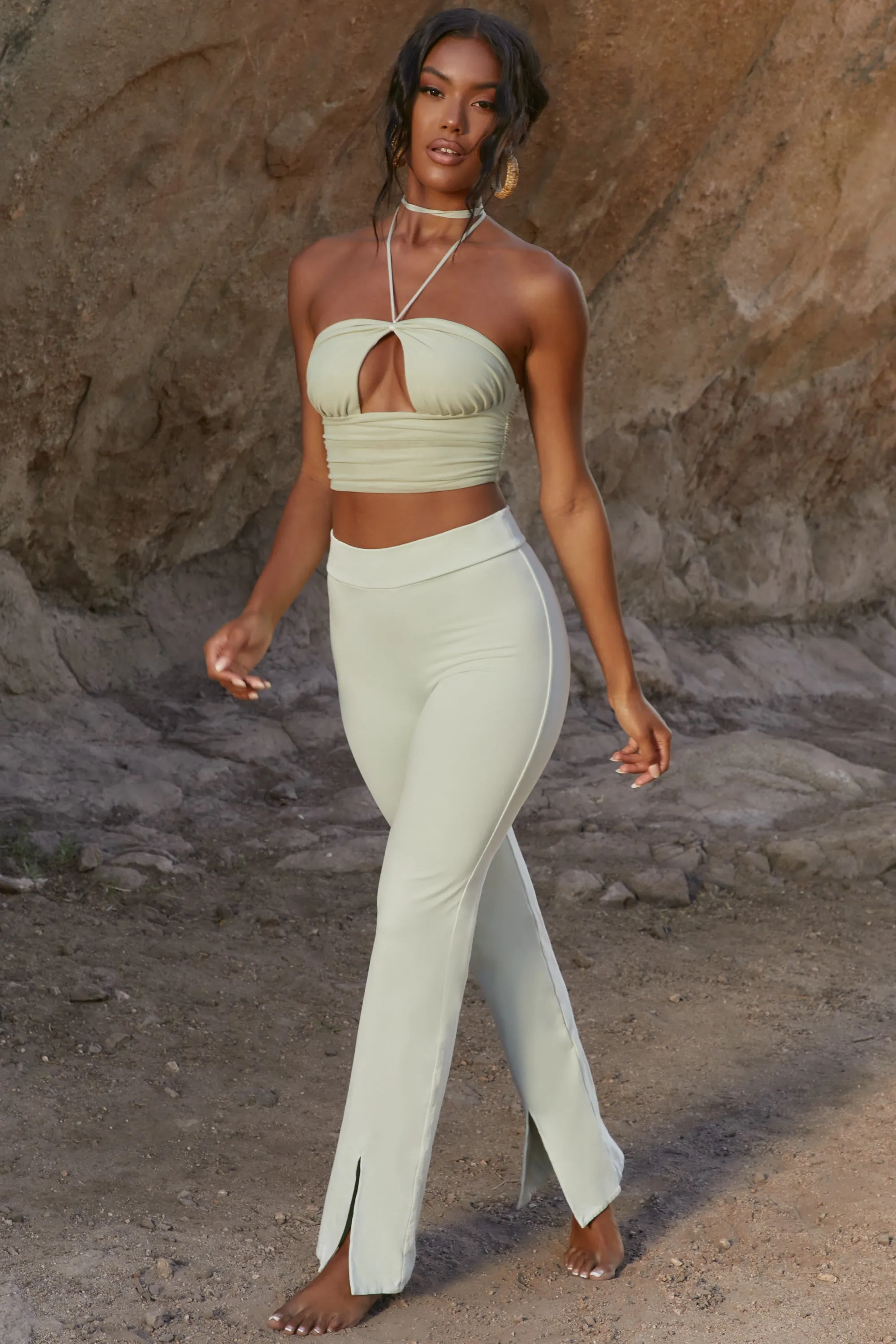 Tall High Waisted Split Hem Trousers in Green sold by Oh Polly product image thumbnail 4