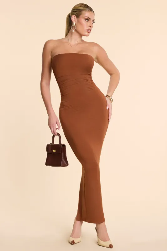 Strapless Ruched Modal Cashmere Blend Maxi Dress in Chestnut Brown sold by Oh Polly
