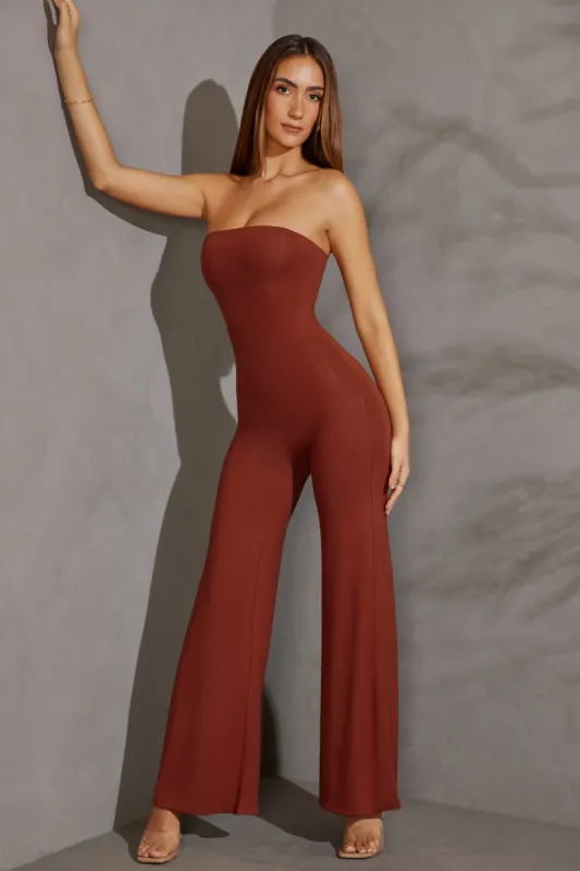 Petite Bandeau Wide Leg Jumpsuit in Brick sold by Oh Polly