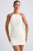 Floral-Appliqué Halterneck A-Line Mini Dress in White sold by Oh Polly