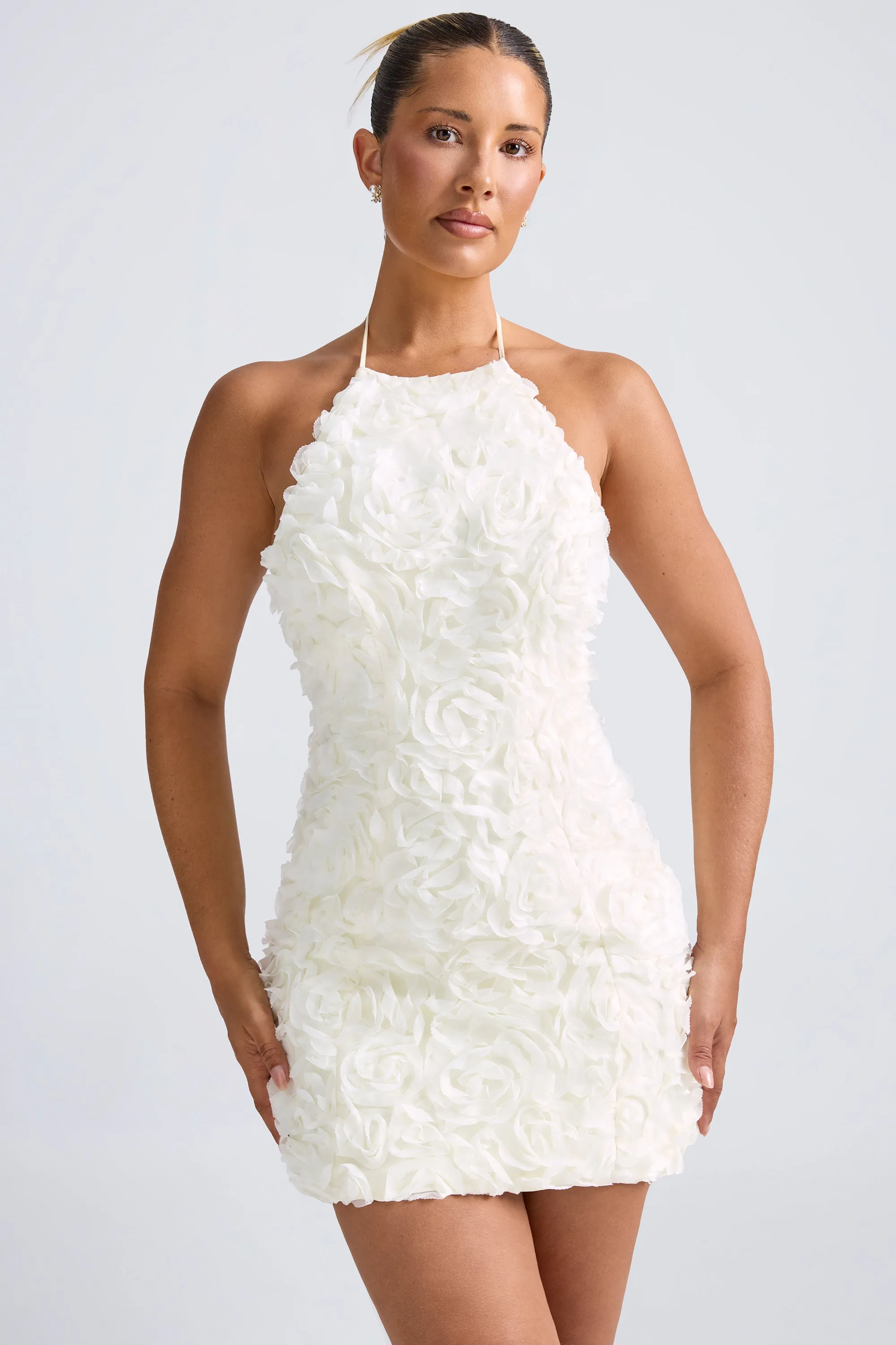 Floral-Appliqué Halterneck A-Line Mini Dress in White sold by Oh Polly