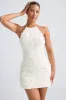 Floral-Appliqué Halterneck A-Line Mini Dress in White sold by Oh Polly