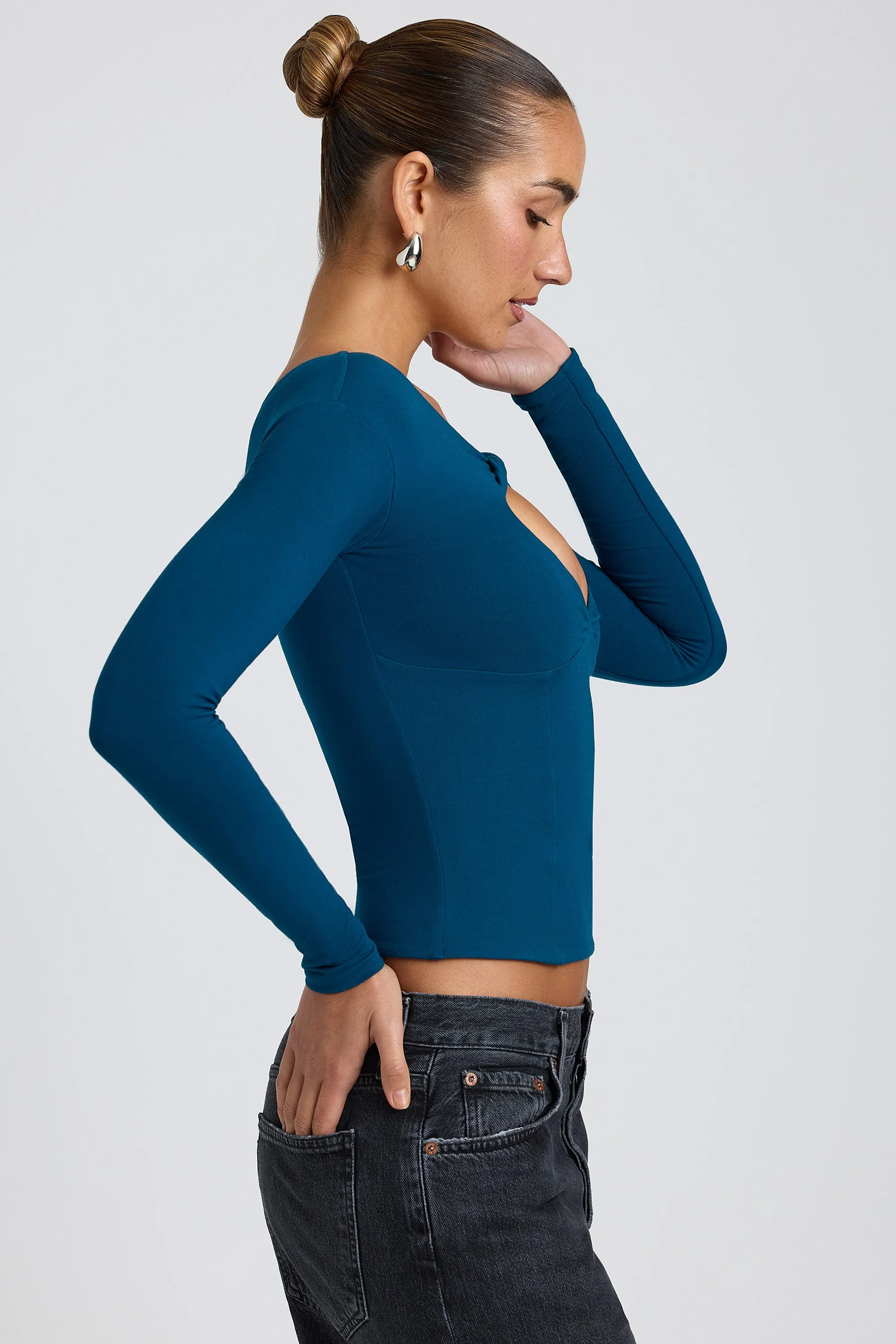 Modal Twist-Front Long-Sleeve Crop Top in Deep Teal sold by Oh Polly product image thumbnail 3