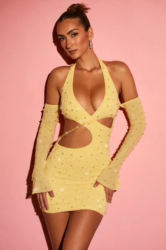 Embellished Cold Shoulder Cut Out Mini Dress in Yellow sold by Oh Polly