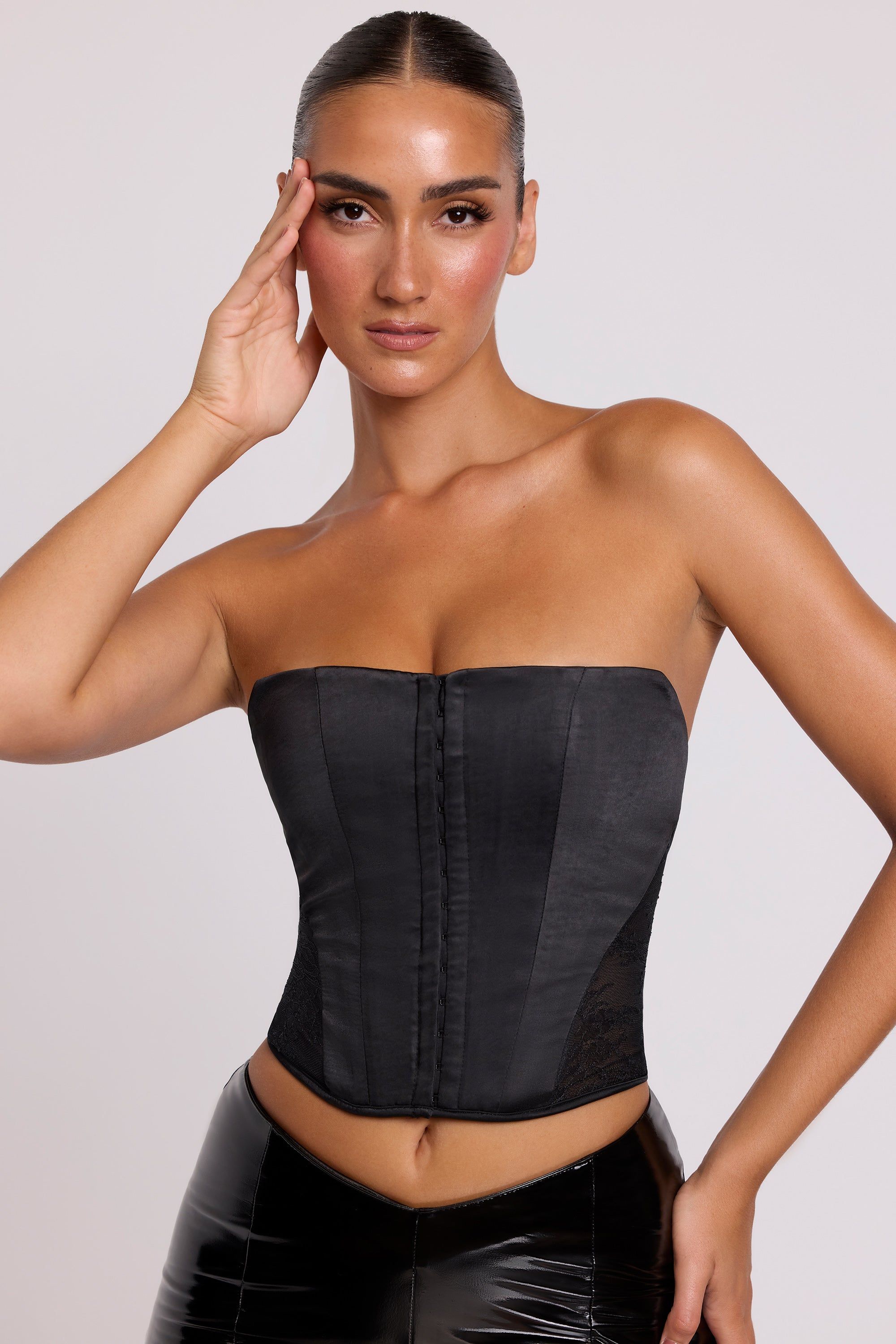 Satin Strapless Corset in Black sold by Oh Polly