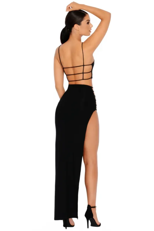 Mind The Gap Double Layered High Thigh Split Maxi Skirt in Black sold by Oh Polly