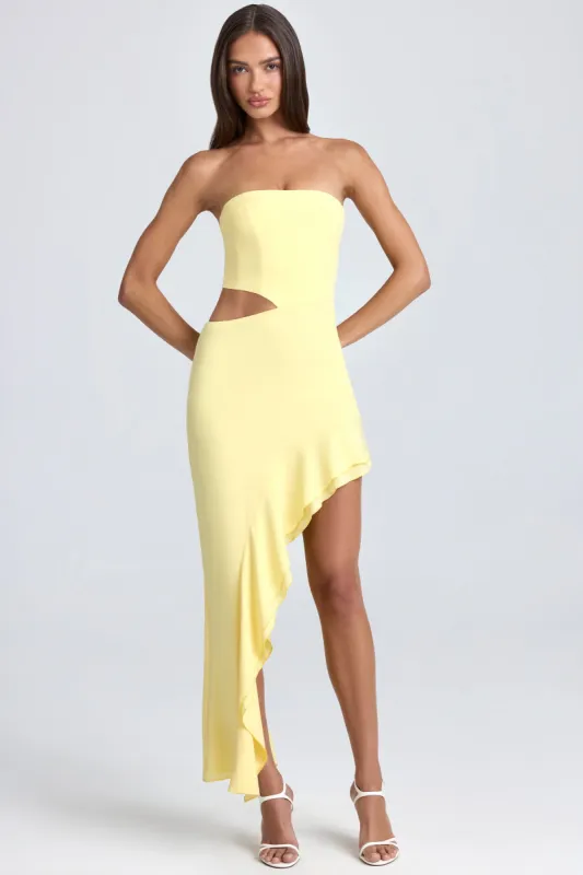 Bandeau Cut-Out Ruffle-Trim Maxi Dress in Lemon Sherbet sold by Oh Polly