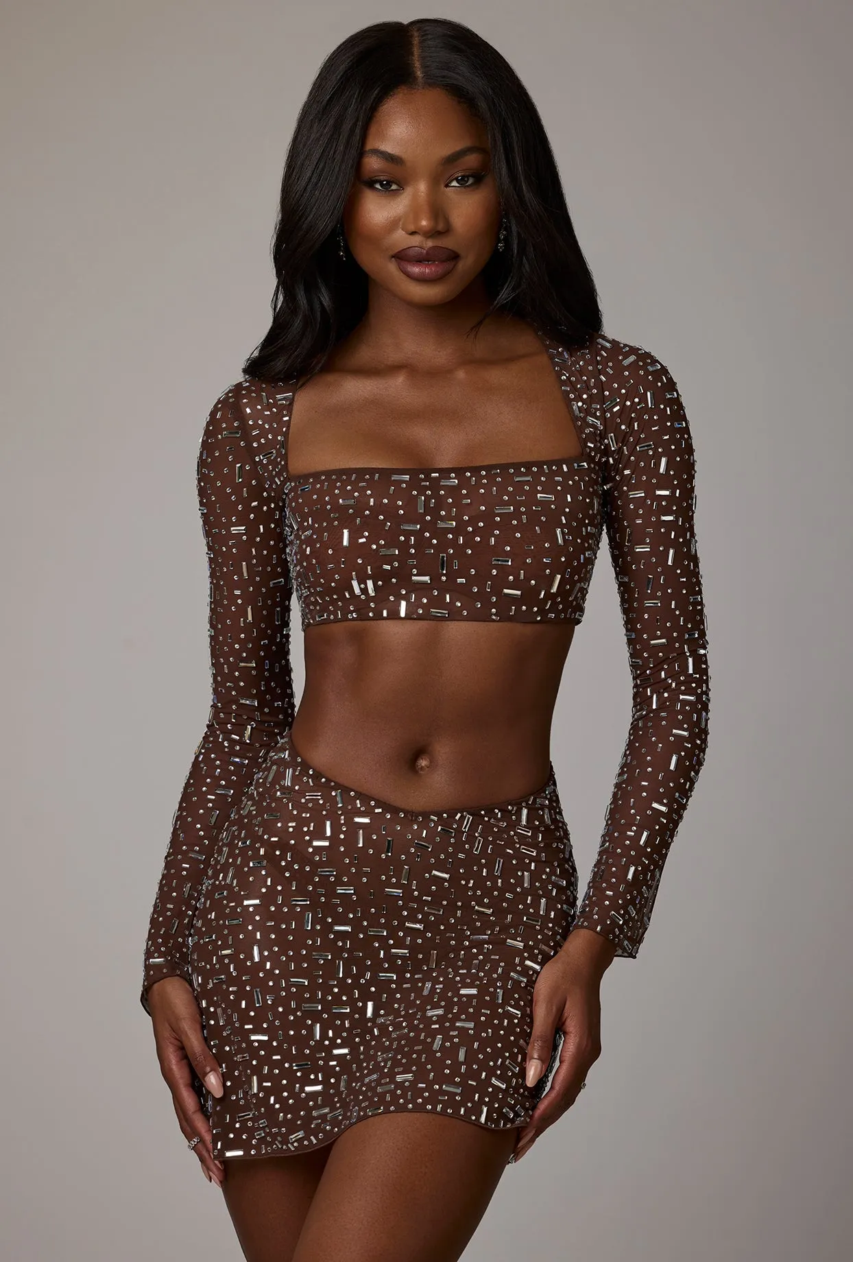 Sheer Embellished V Waist Mini Skirt in Deep Cocoa sold by Oh Polly product image thumbnail 5