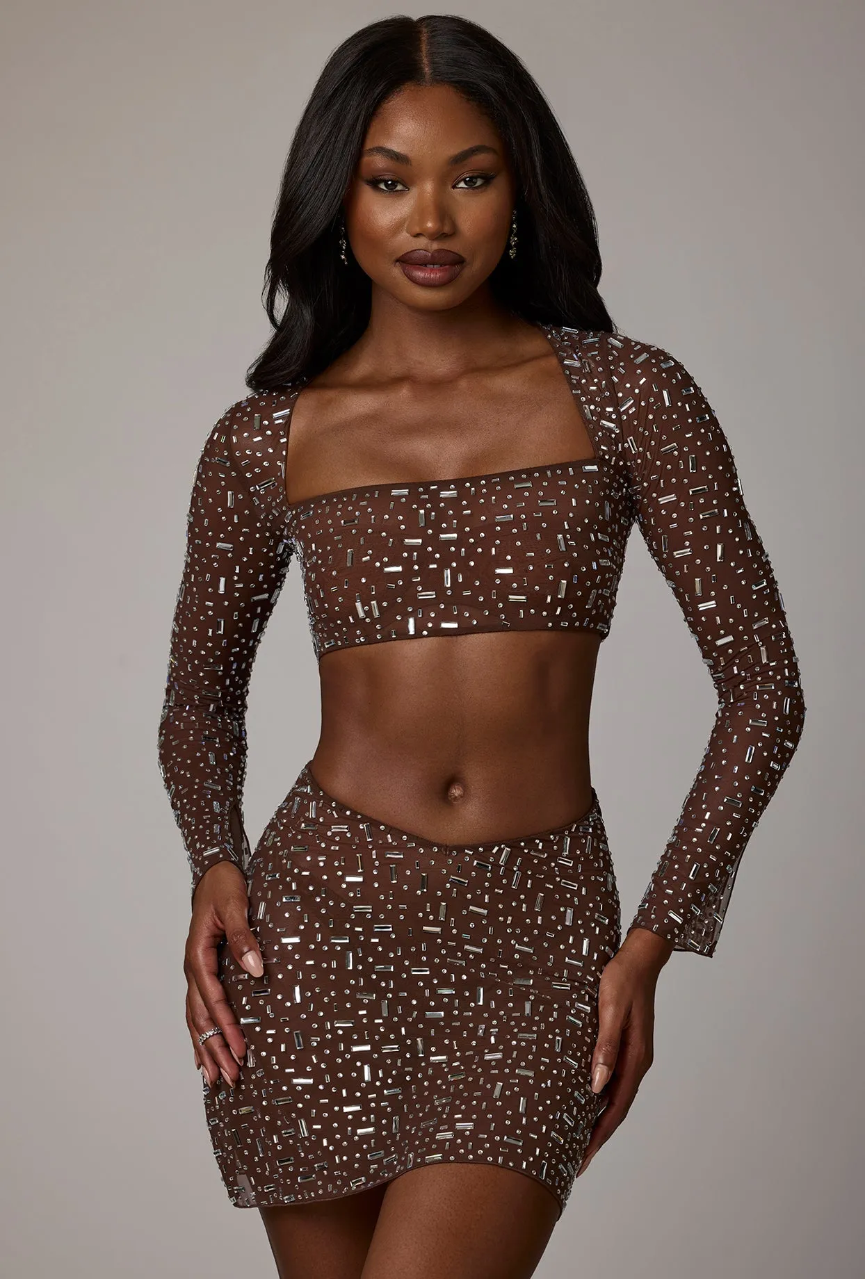 Sheer Embellished V Waist Mini Skirt in Deep Cocoa sold by Oh Polly