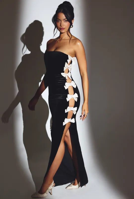 Velvet Bow Detail Maxi Dress in Jet Black sold by Oh Polly